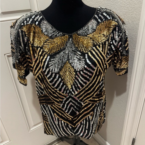 Jean for Joseph Le Bon Sequin beaded Black and Gold Women's Top size large - Picture 1 of 4